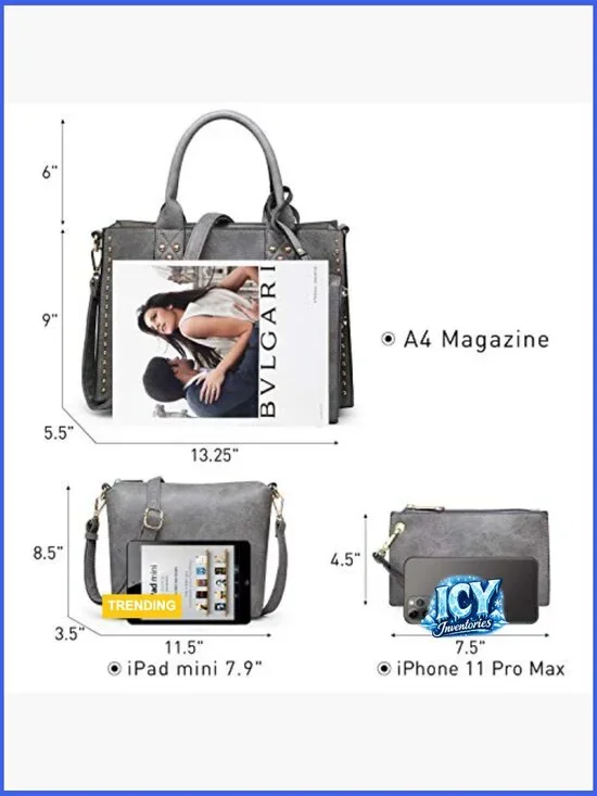 Faux Leather Tote Satchel Shoulder Bag Set with Wallet & Cosmetic Bag - Picture 4 of 7